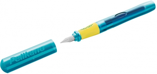 Stilou Junior, penita A, grip ergonomic, pentru dreptaci, 1 patron mare albastru inclus, culori asortate, display 12 buc Pelikan